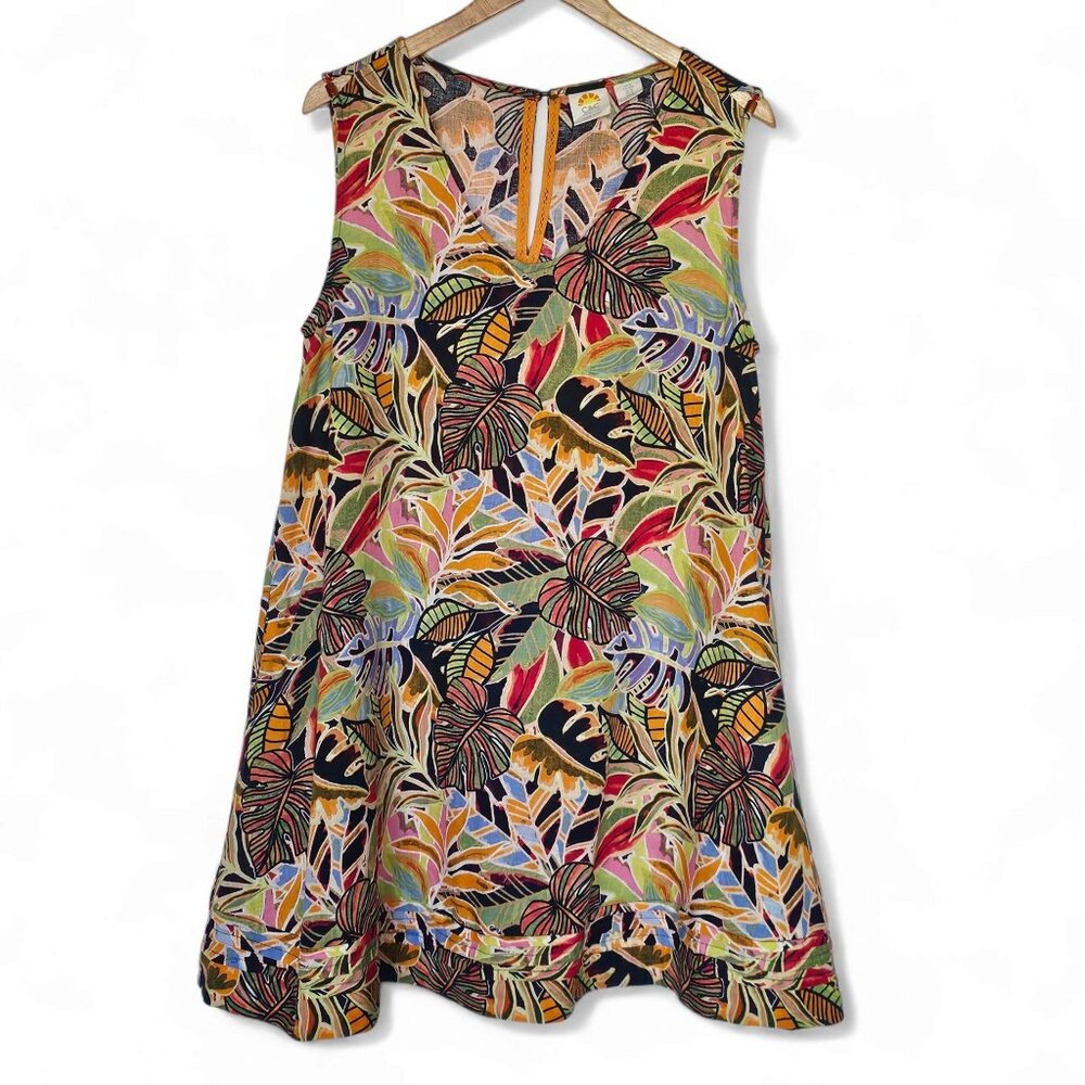 C&C California Linen Dress Size M Tropical Floral Sleeveless Multicolor Pockets